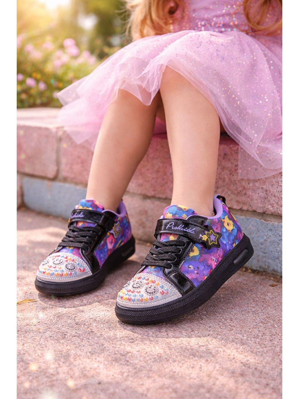 Siyah SMİLE Taş Detaylı Desenli Cırtlı Kız Çocuk Işıklı Günlük Sneaker Spor Ayakkabı-5