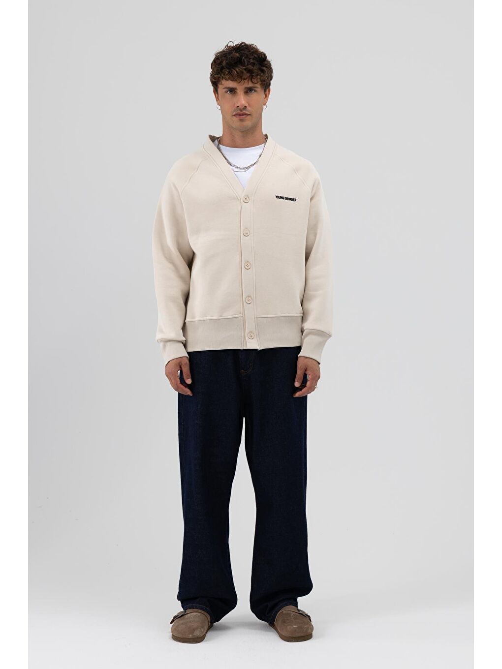 Bej Oversize Düğmeli Sweatshirt Taş-1