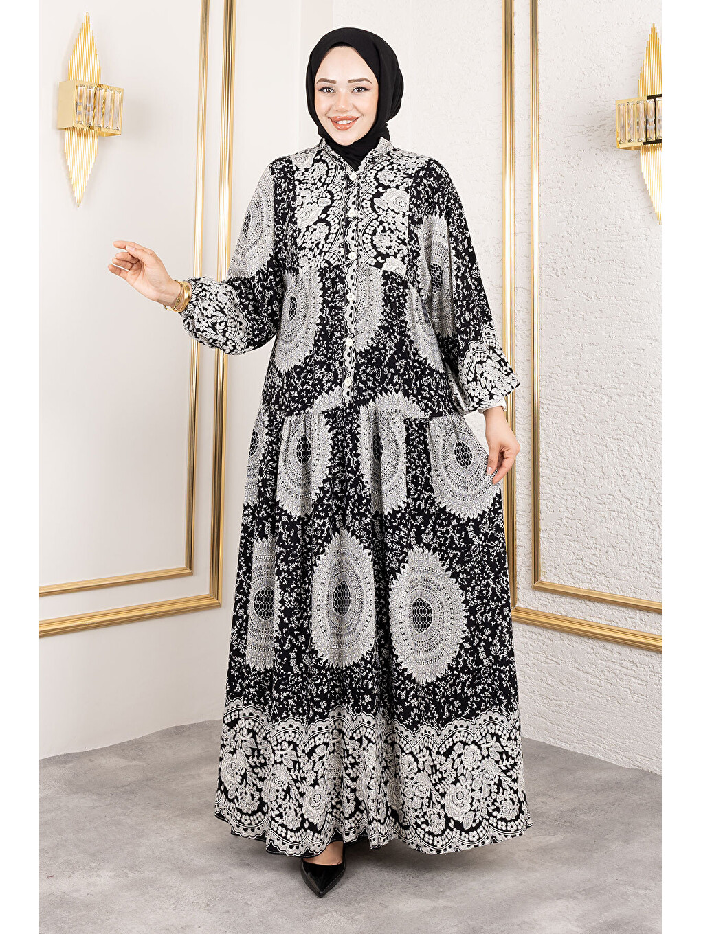 Varak Desenli Viskon Elbise TSD250191 Siyah-3