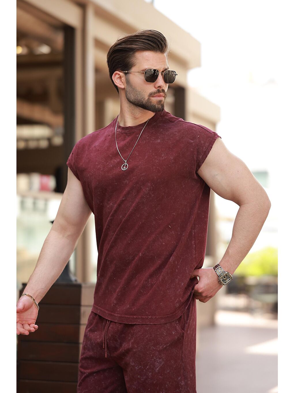 Bordo Basic Erkek Yırtık Detaylı Şort T-Shirt Takım E7319-1