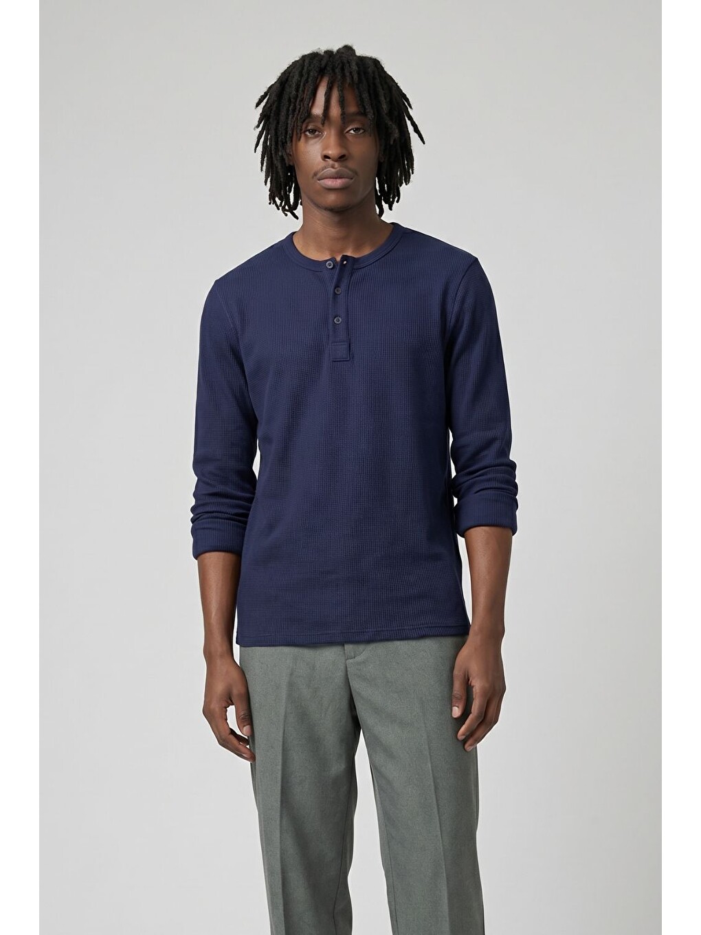 Erkek Lacivert Henley  T-Shirt-1