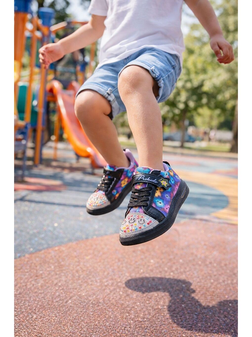 Siyah SMİLE Taş Detaylı Desenli Cırtlı Kız Çocuk Işıklı Günlük Sneaker Spor Ayakkabı-6