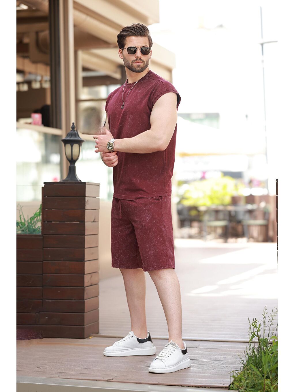 Bordo Basic Erkek Yırtık Detaylı Şort T-Shirt Takım E7319-2