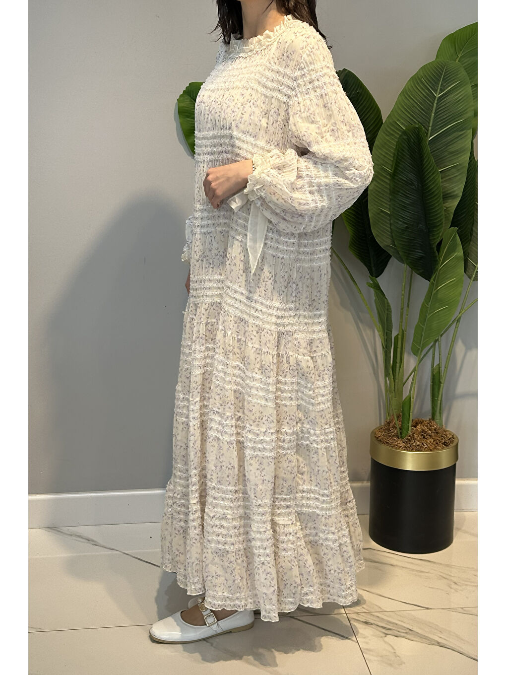 Büzgü Detaylı Desenli Elbise 762 Mor-2