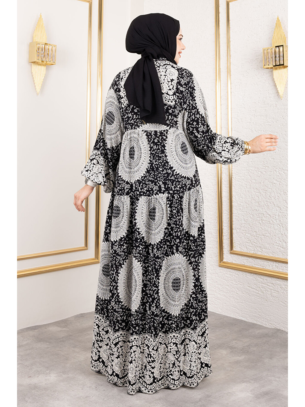 Varak Desenli Viskon Elbise TSD250191 Siyah-4