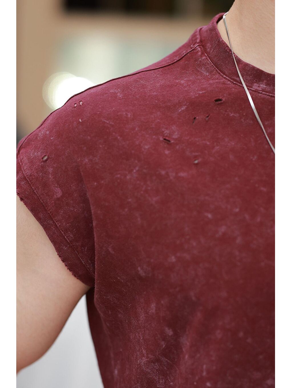 Bordo Basic Erkek Yırtık Detaylı Şort T-Shirt Takım E7319-3