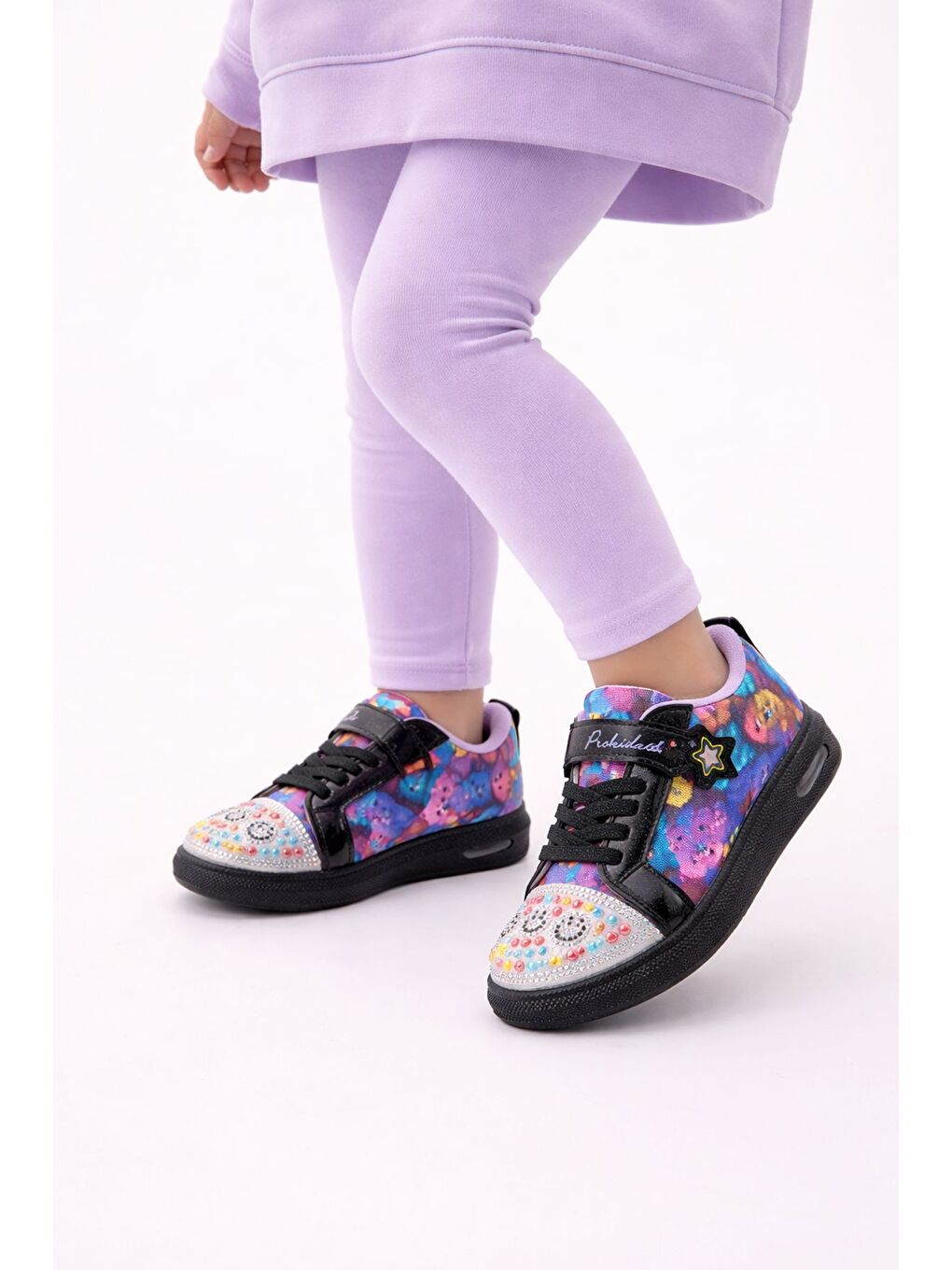 Siyah SMİLE Taş Detaylı Desenli Cırtlı Kız Çocuk Işıklı Günlük Sneaker Spor Ayakkabı-7