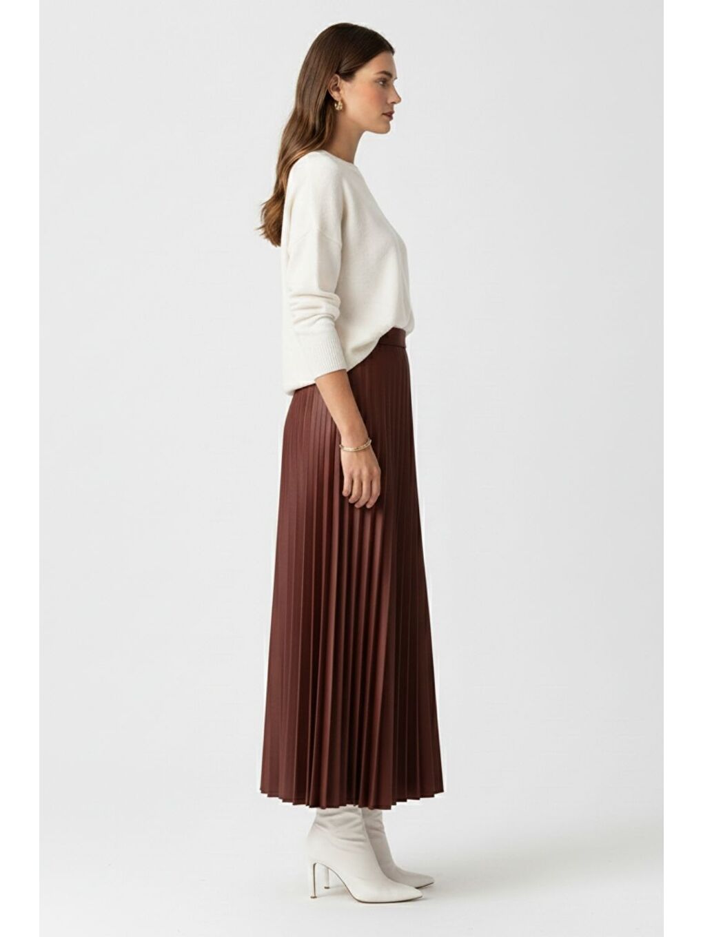 Deri Görünümlü Piliseli Bordo Maksi Etek-1