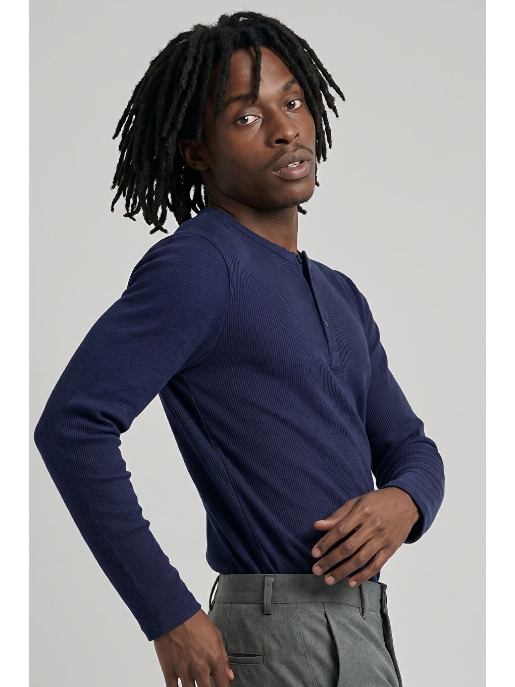 Erkek Lacivert Henley  T-Shirt-3