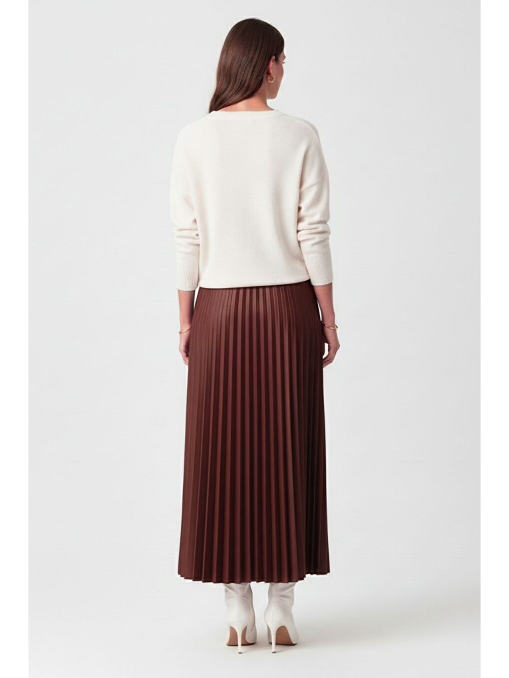 Deri Görünümlü Piliseli Bordo Maksi Etek-2