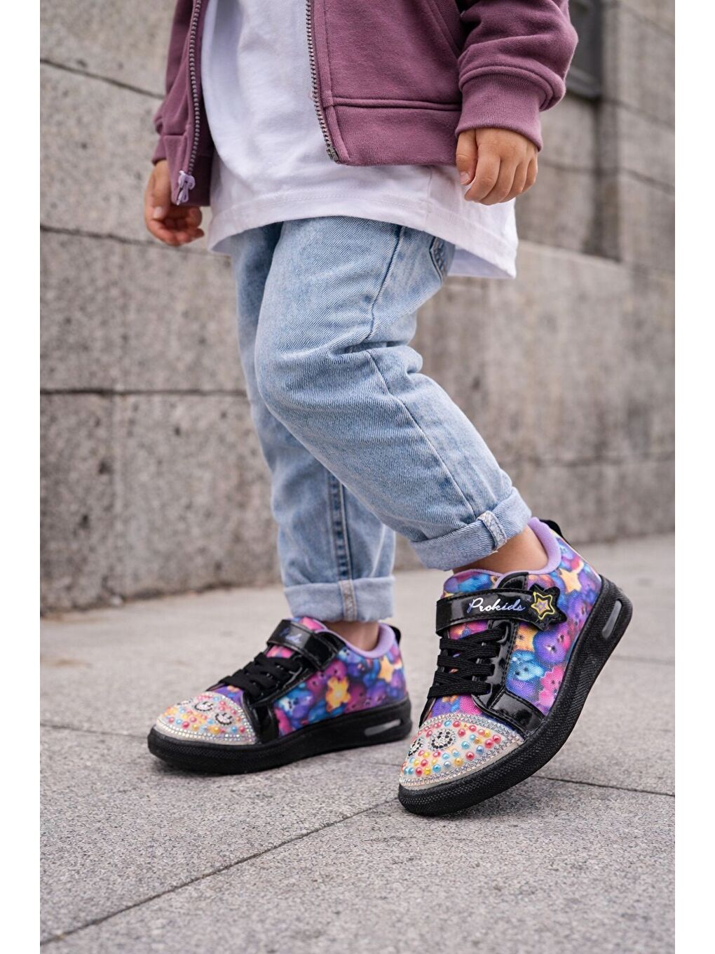 Siyah SMİLE Taş Detaylı Desenli Cırtlı Kız Çocuk Işıklı Günlük Sneaker Spor Ayakkabı-8