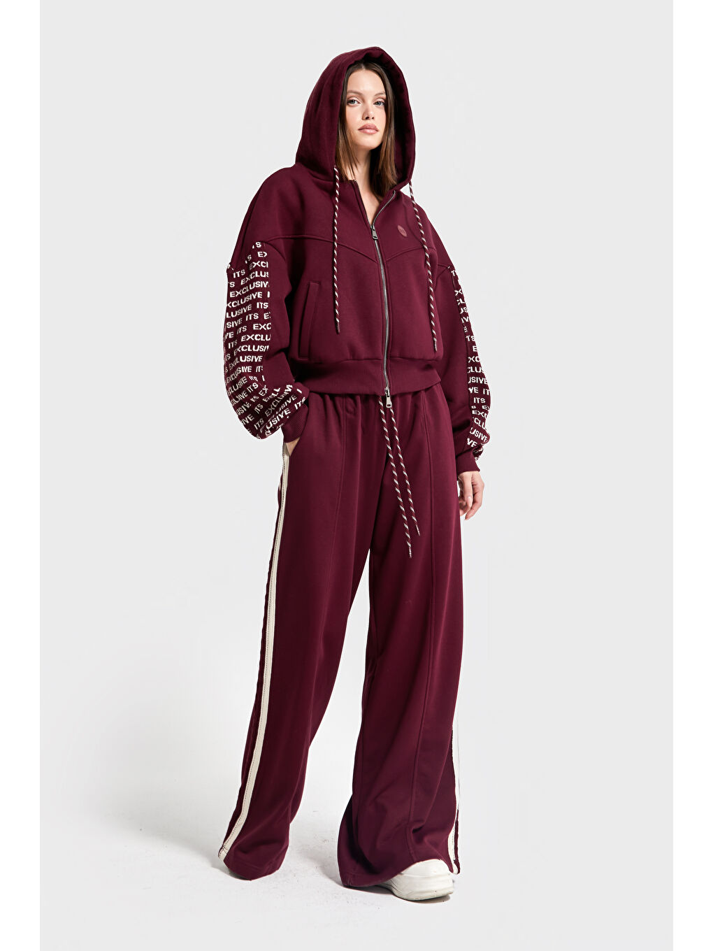 Kadın Bordo Renk w5-35 Örme Kumaş Tasarım 3'lü Kombin Takım-3