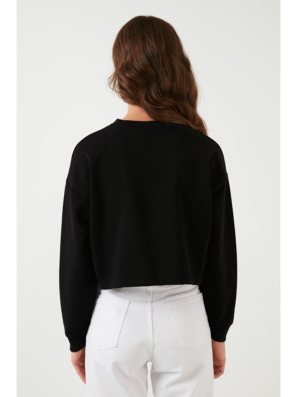 Siyah Baskılı Bisiklet Yaka Pamuklu Crop Sweat 601MS1342-4