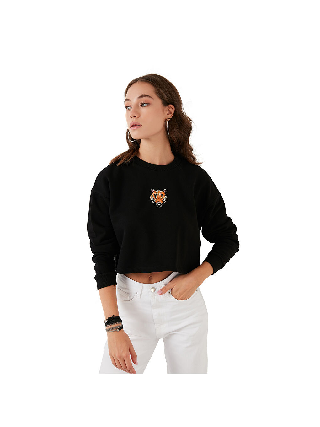 Siyah Baskılı Bisiklet Yaka Pamuklu Crop Sweat 601MS1342-5