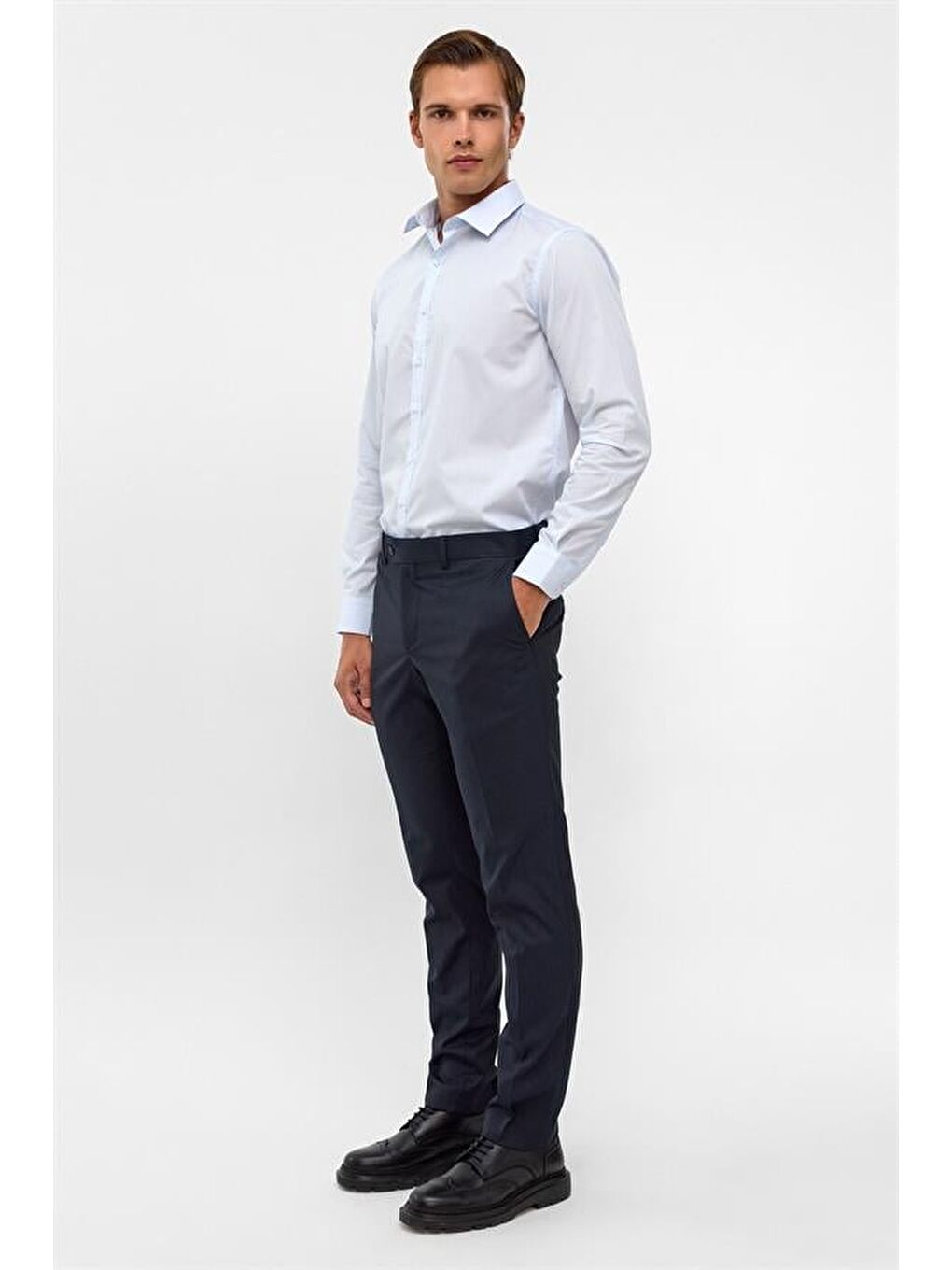 Buz Mavi Slim Düz Klasik Yaka Gömlek-4