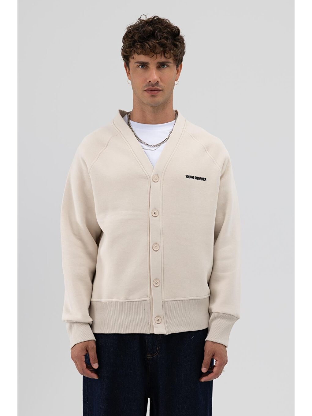 Bej Oversize Düğmeli Sweatshirt Taş-2