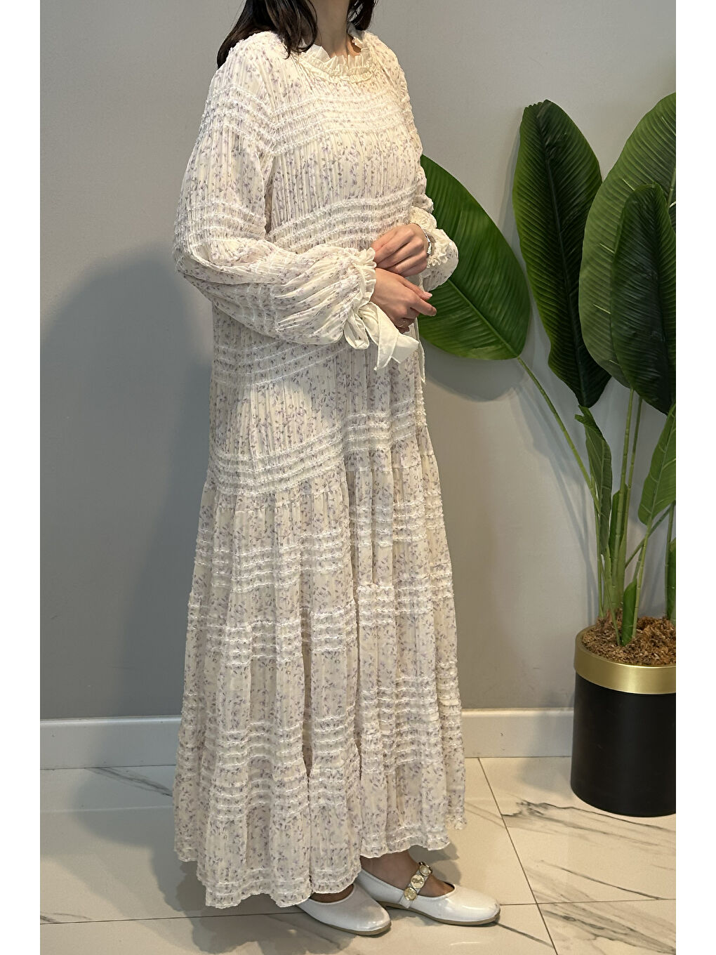 Büzgü Detaylı Desenli Elbise 762 Mor-3