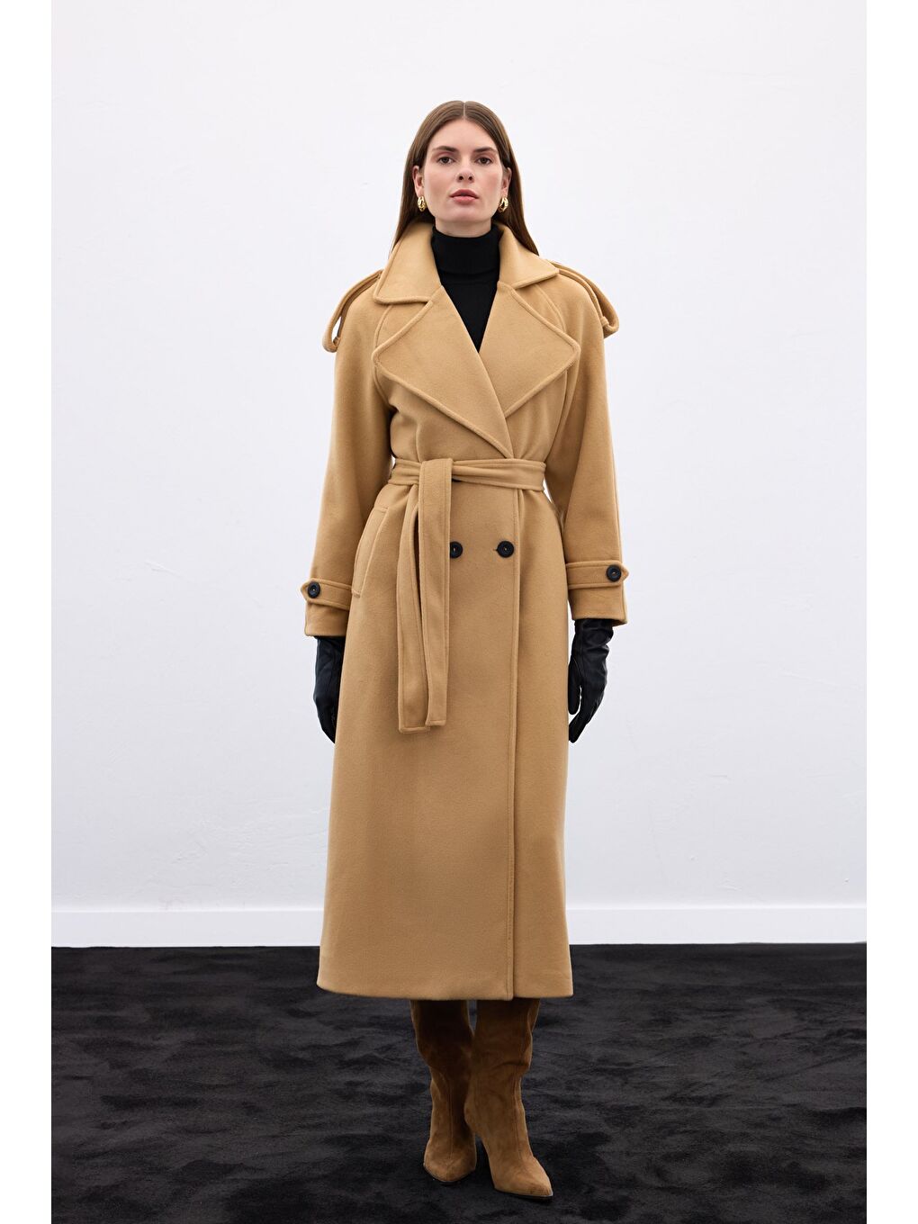 Kahverengi Geniş Yaka Uzun Kaban - Camel-1