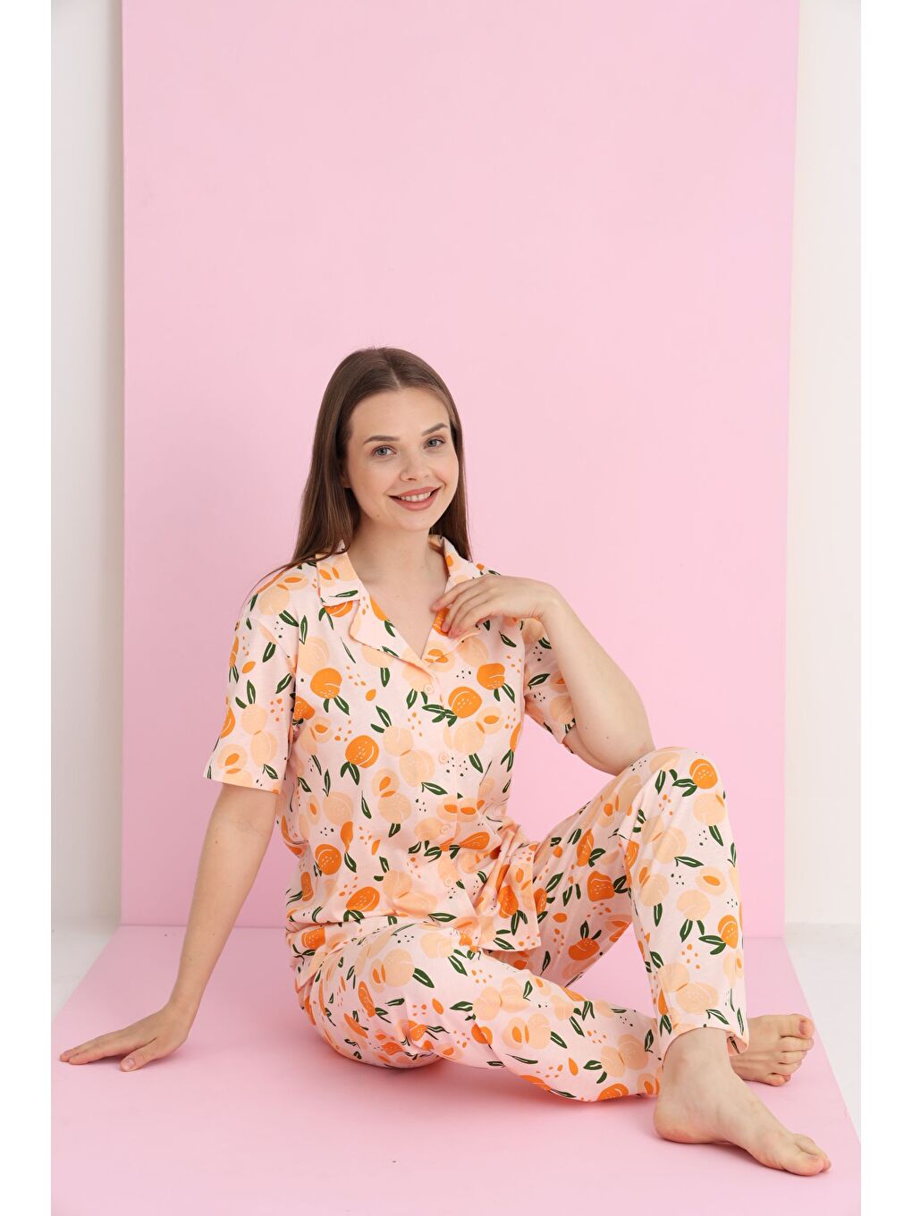 Turuncu Penye Düğmeli Pijama Takımı 7096-24