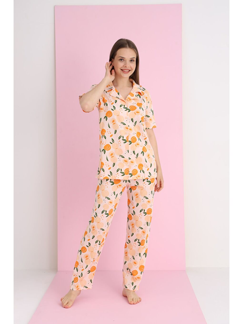 Turuncu Penye Düğmeli Pijama Takımı 7096-24-1