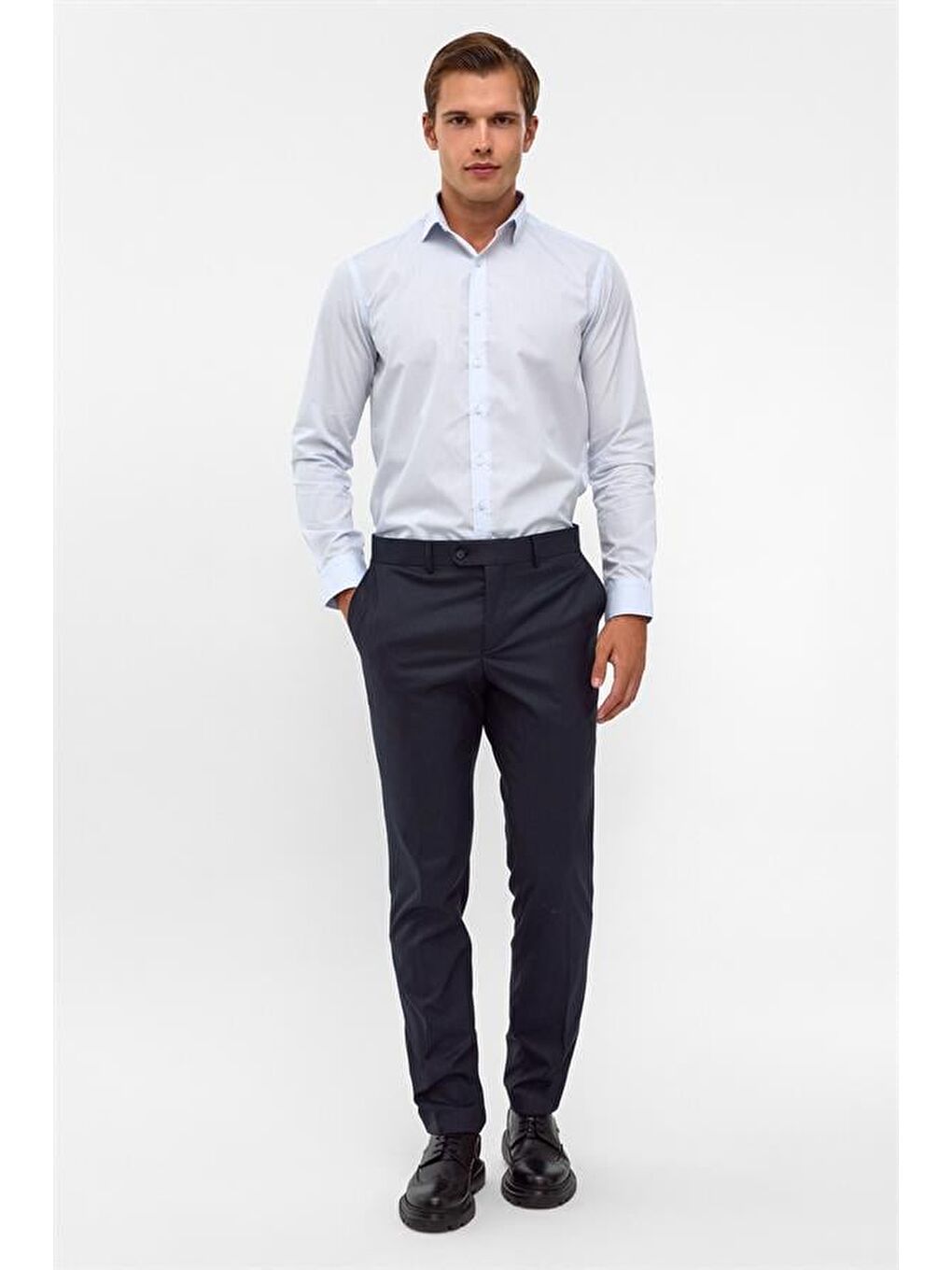 Buz Mavi Slim Düz Klasik Yaka Gömlek-6