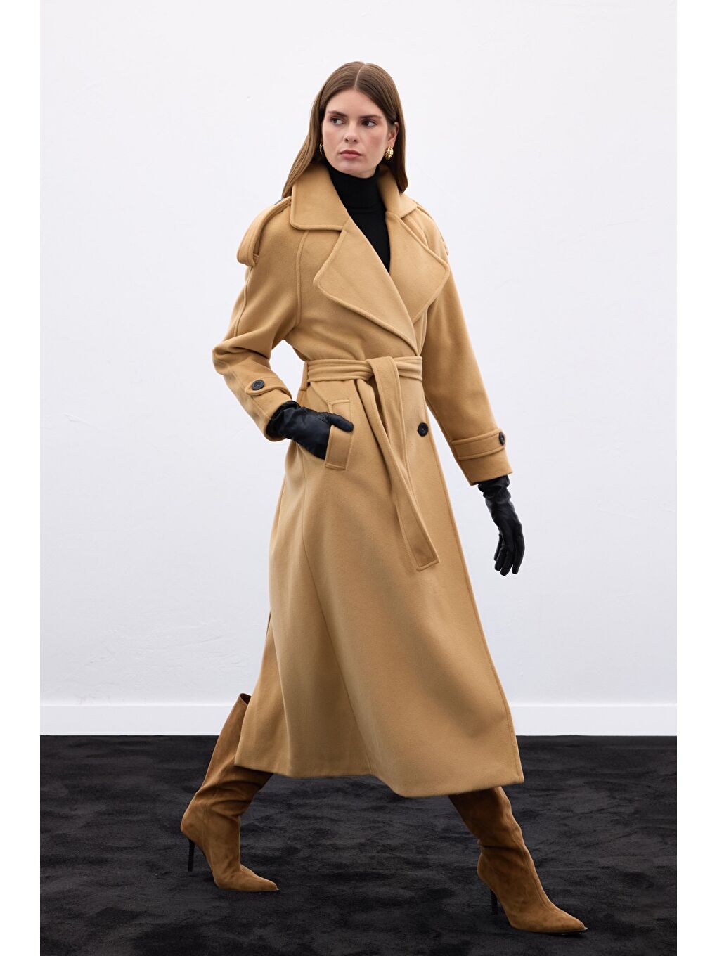 Kahverengi Geniş Yaka Uzun Kaban - Camel-2