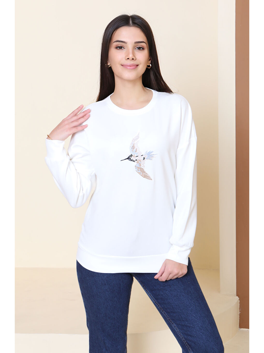 Kuş Nakışlı Modal Sweatshirt Beyaz - 27882-BEYAZ-2