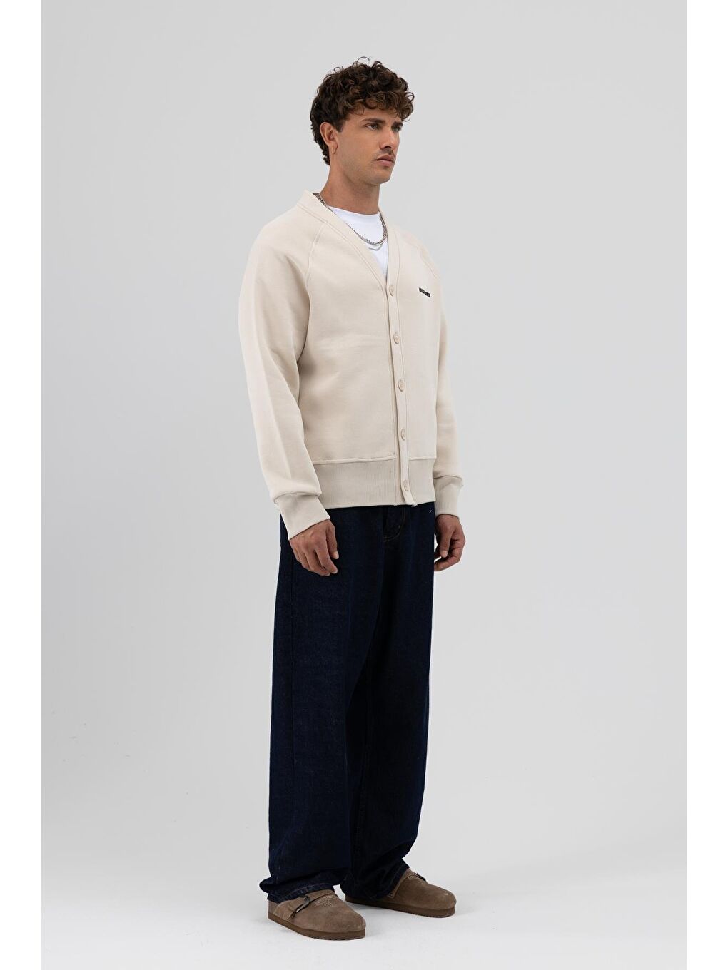 Bej Oversize Düğmeli Sweatshirt Taş-3