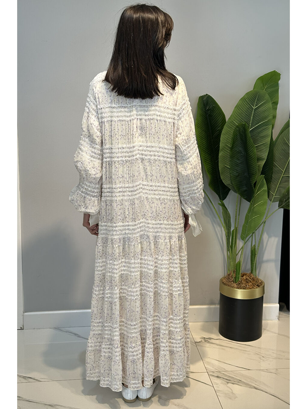 Büzgü Detaylı Desenli Elbise 762 Mor-4