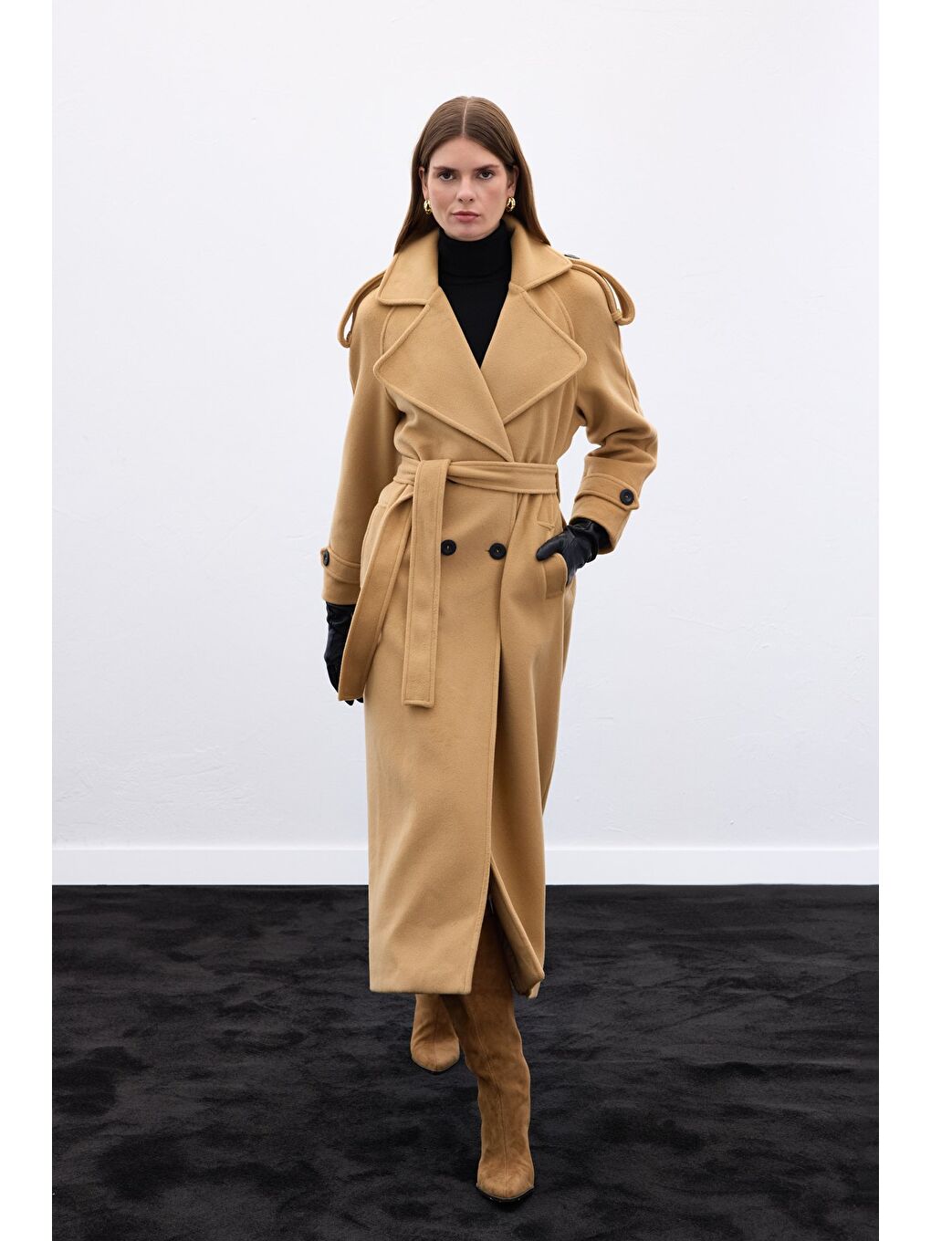 Kahverengi Geniş Yaka Uzun Kaban - Camel-3