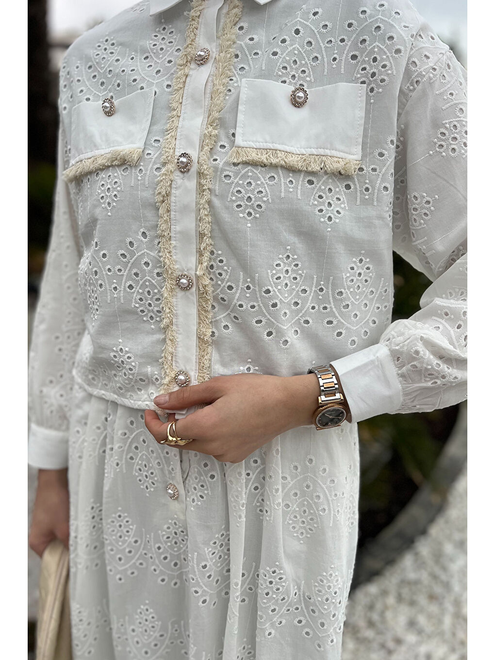 Ekru Kadın Püskül Detaylı İnci Düğmeli Fistolu Tesettür Gömlek Etek İkili Takım-5