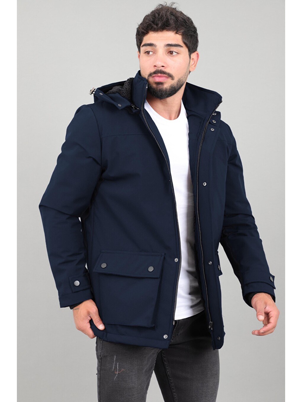Lacivert Box Kumaş Torba Cep İçi Kürklü Kışlık Mont Kaban Pldp 3037_50526-1