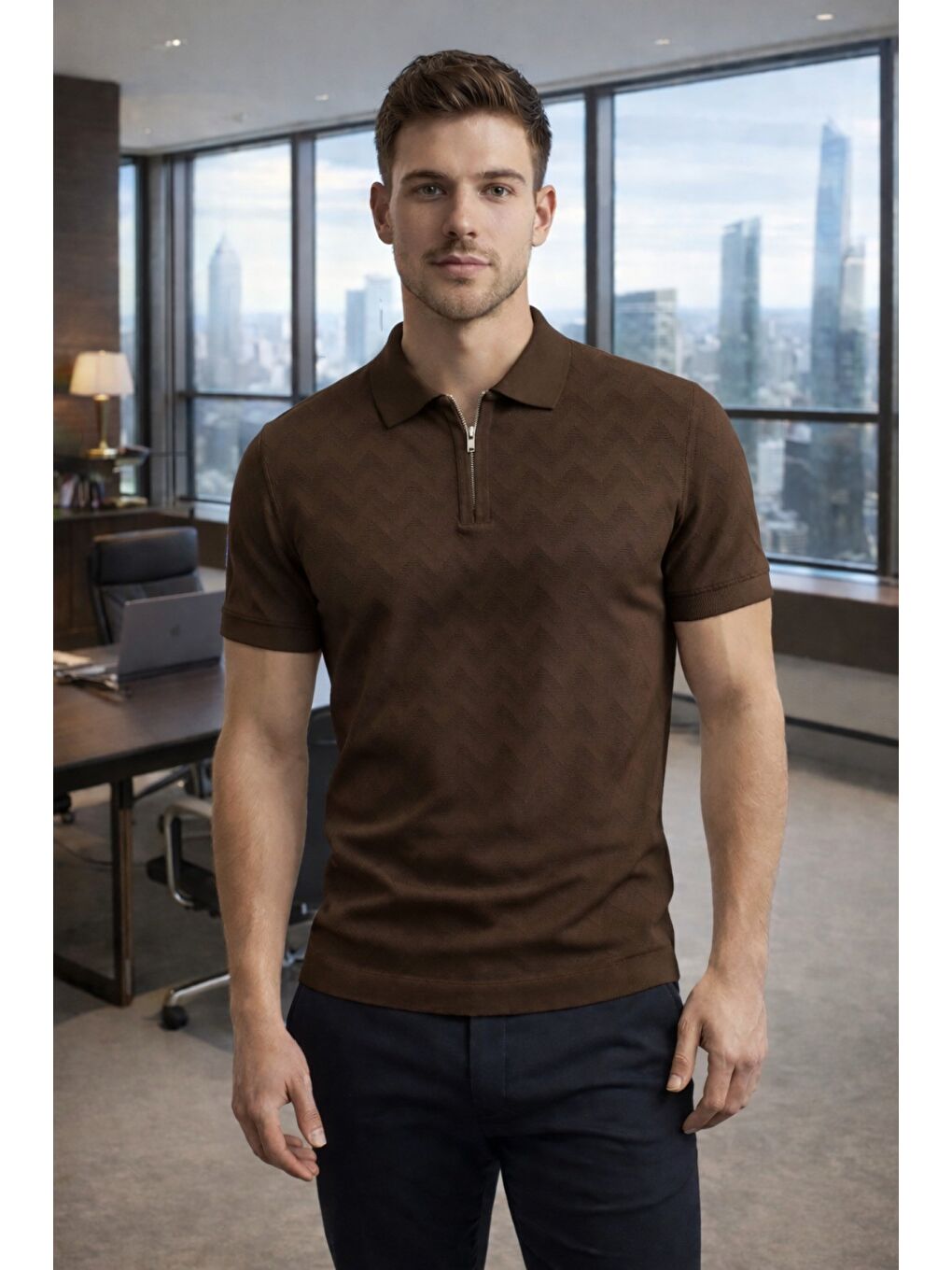Kahverengi Erkek Slim Fit Fermuarlı Polo Yaka Triko Tişört