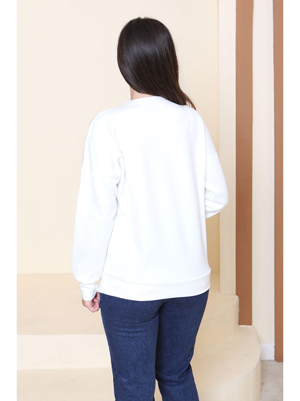 Kuş Nakışlı Modal Sweatshirt Beyaz - 27882-BEYAZ-3
