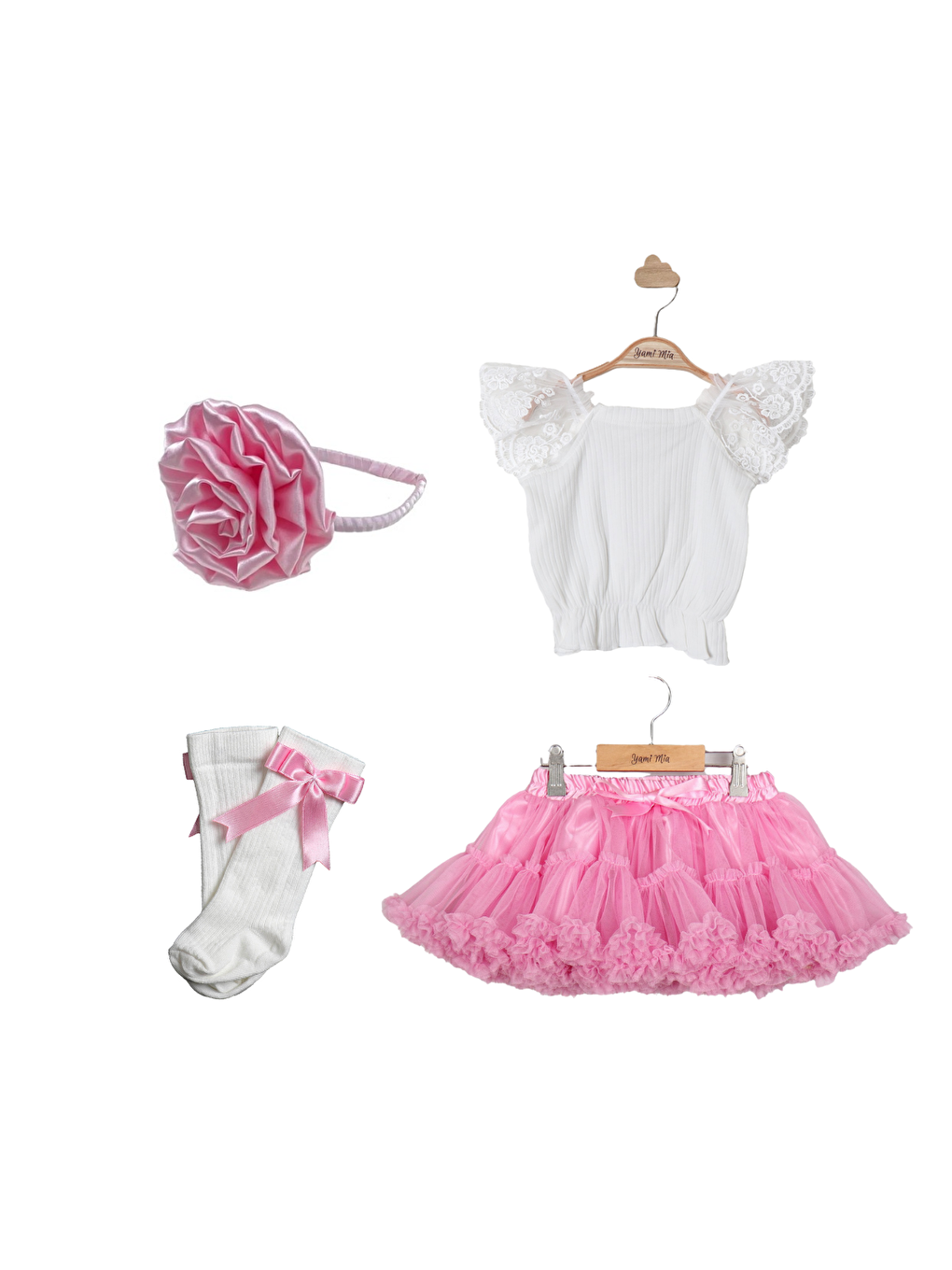 Pembe Dantel Detaylı Bluz Tütü Etek Çorap Taç Takım
