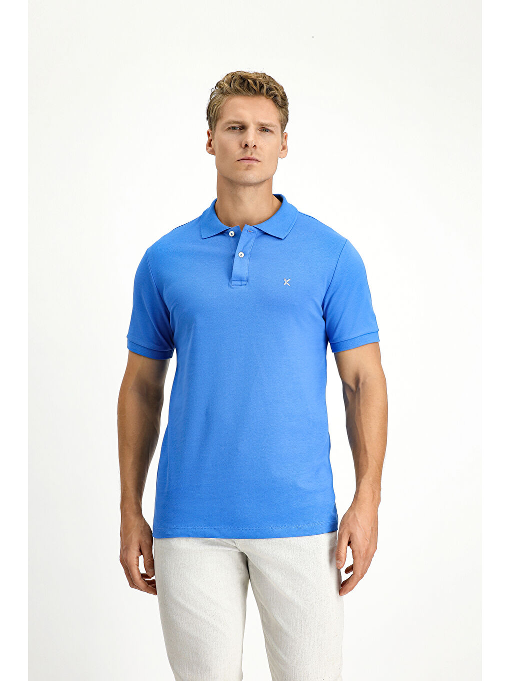 Mavi Polo Yaka Slim Fit Dar Kesim Nakışlı Pamuk Tişört