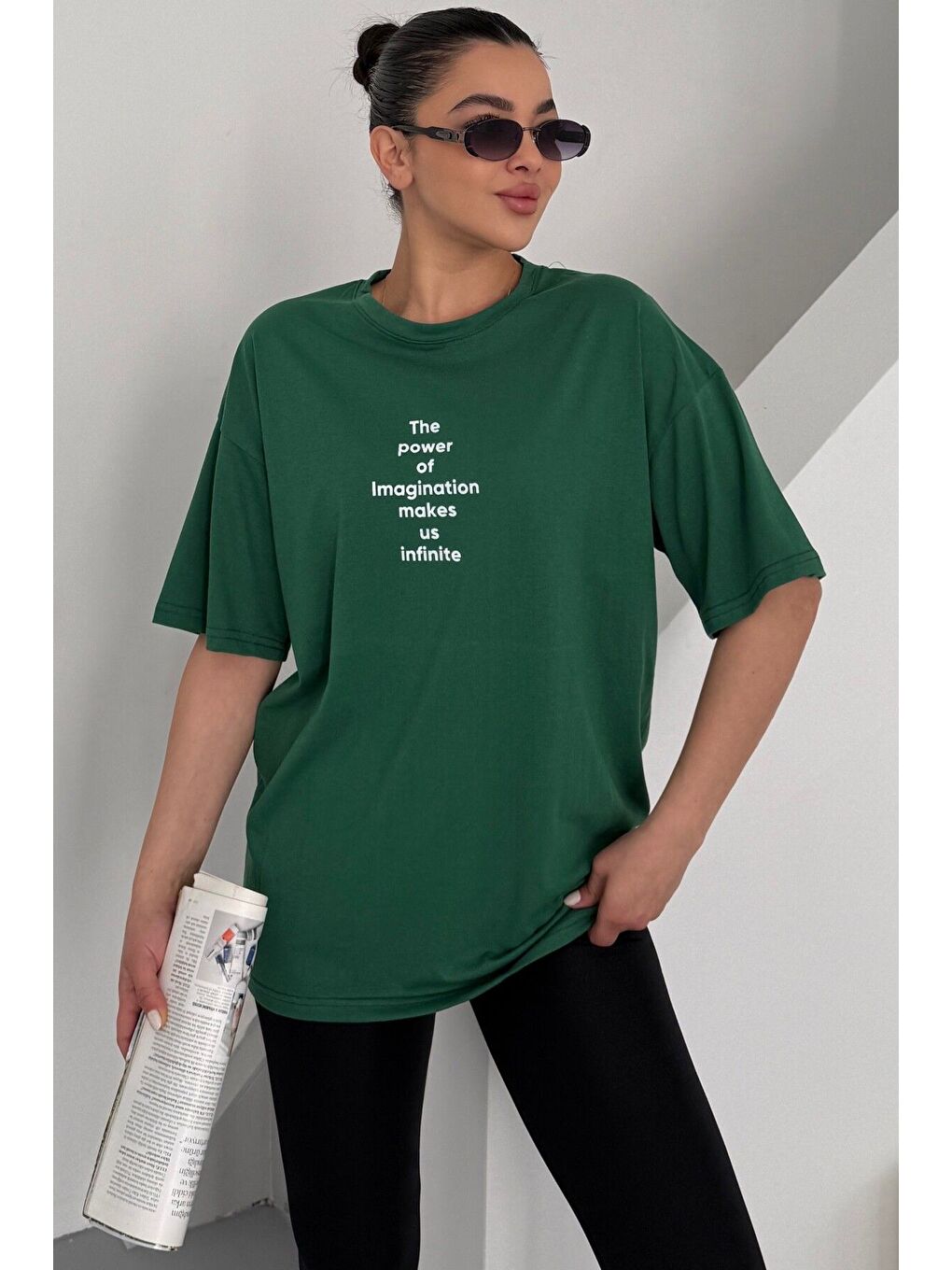 Kadın Yeşil Bisiklet Yaka The Power Yazılı Baskılı Oversize T Shirt