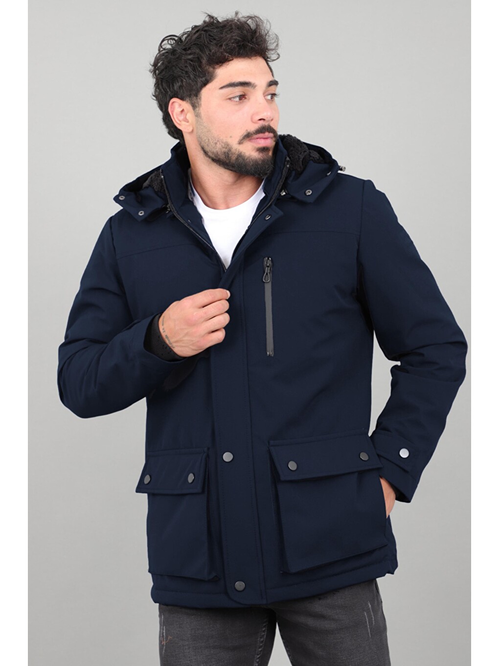 Lacivert Box Kumaş Torba Cep İçi Kürklü Kışlık Mont Kaban Pldp 3037_50526-2