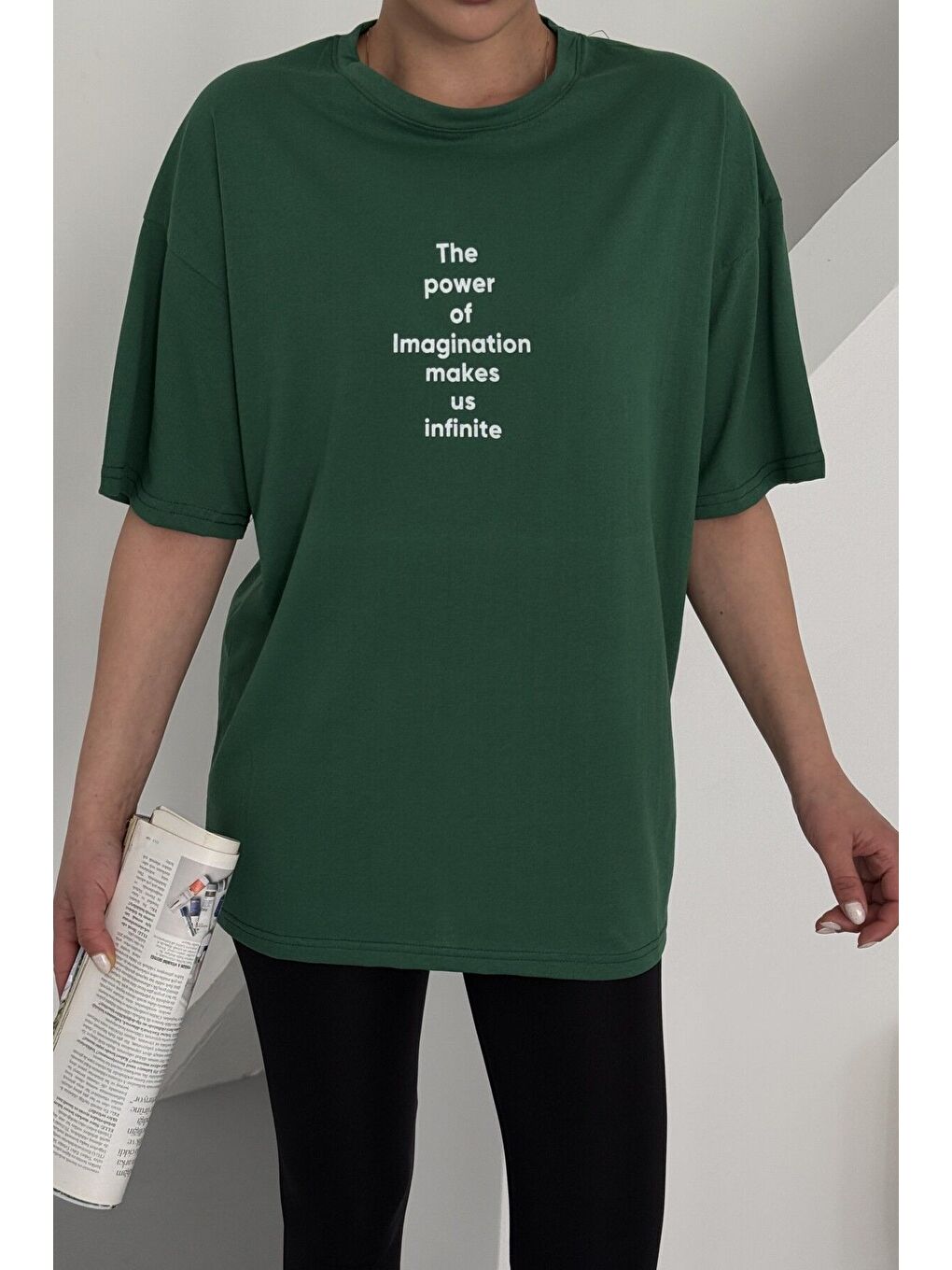 Kadın Yeşil Bisiklet Yaka The Power Yazılı Baskılı Oversize T Shirt-1