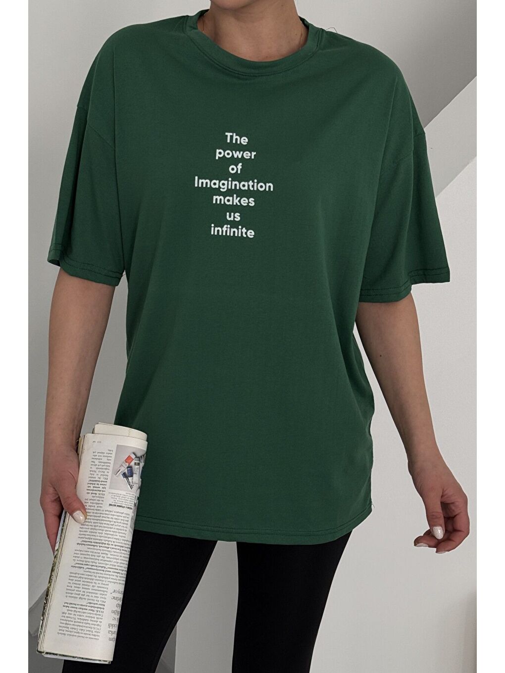 Kadın Yeşil Bisiklet Yaka The Power Yazılı Baskılı Oversize T Shirt-2