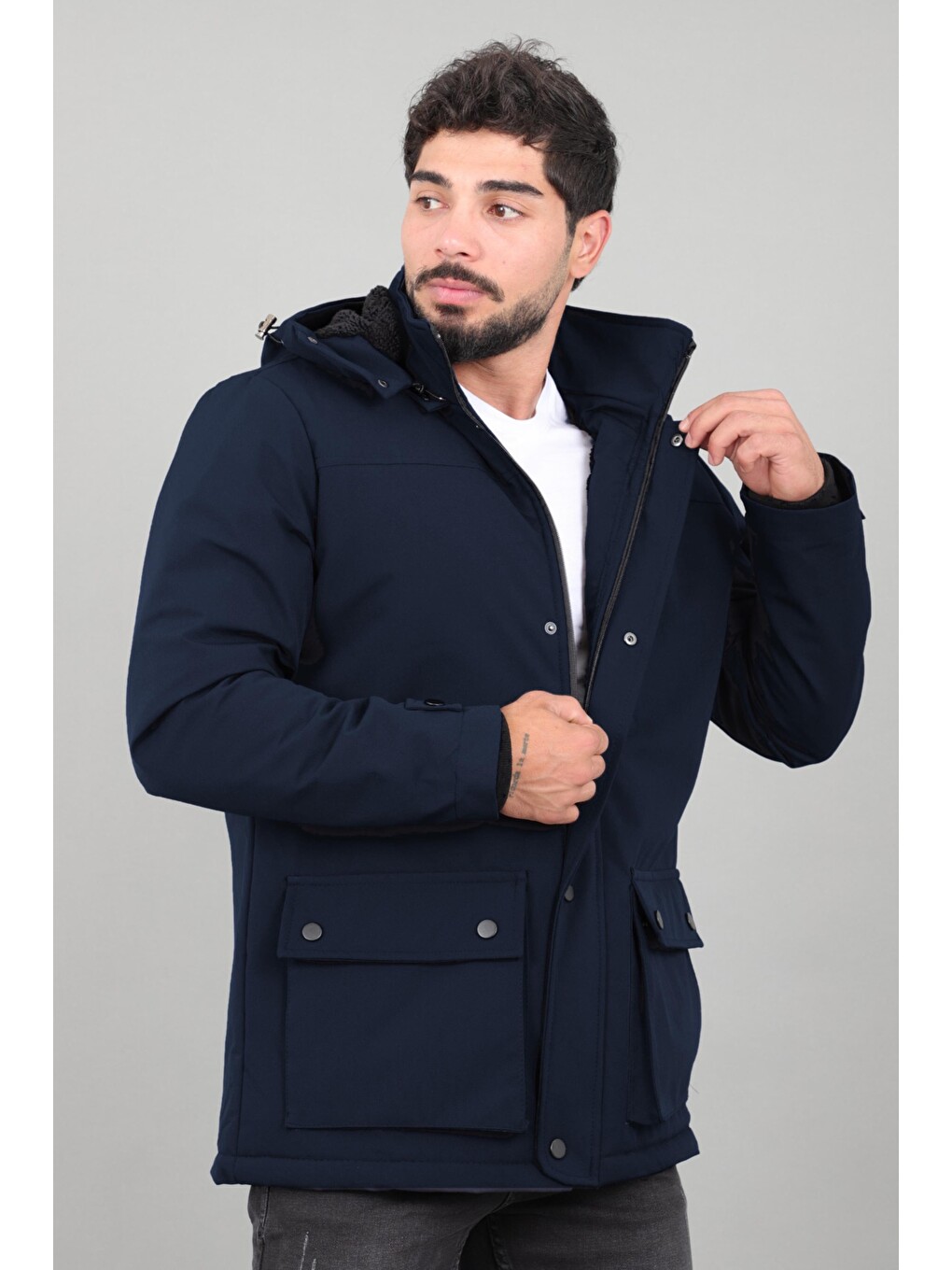 Lacivert Box Kumaş Torba Cep İçi Kürklü Kışlık Mont Kaban Pldp 3037_50526-3