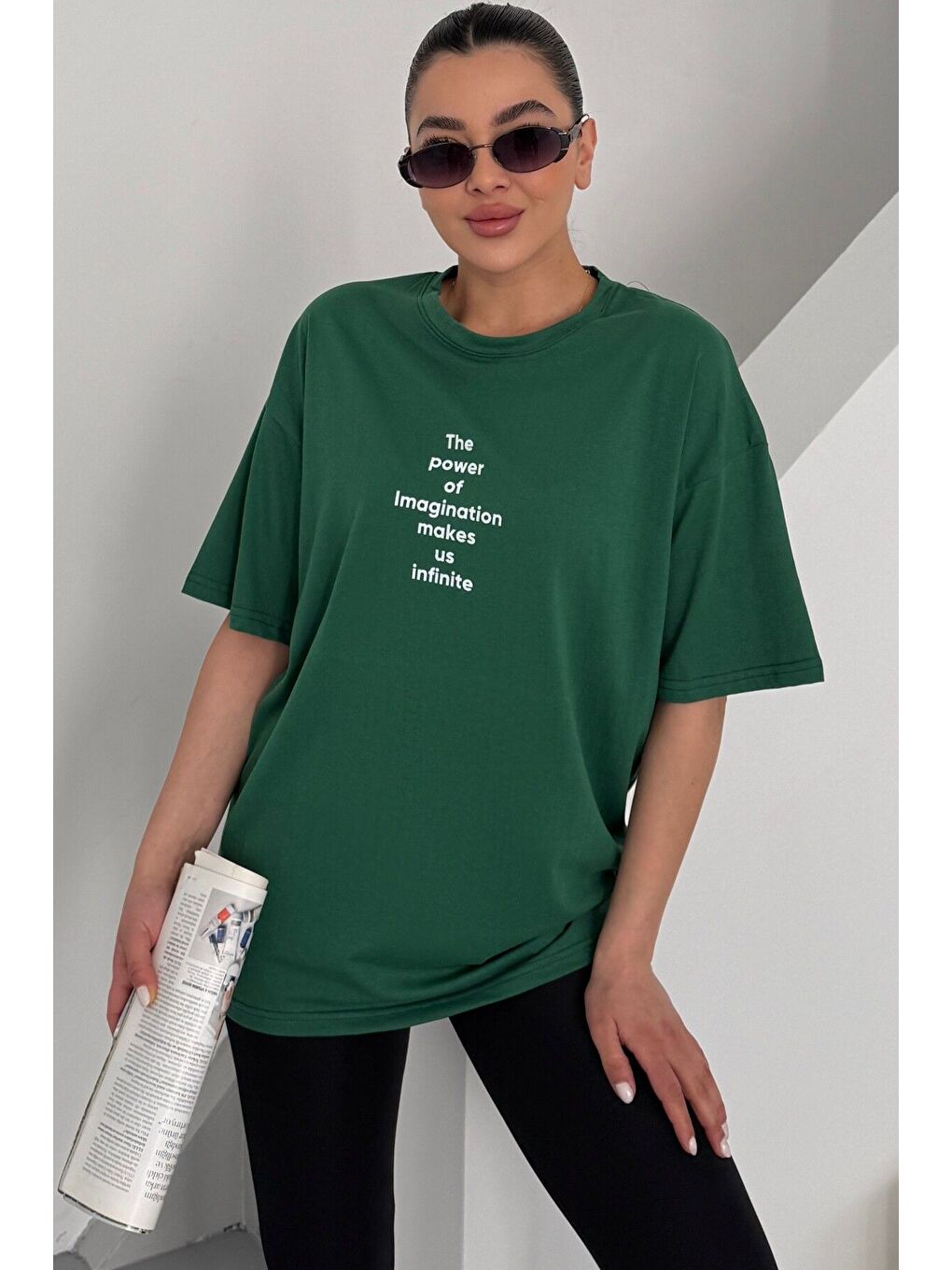 Kadın Yeşil Bisiklet Yaka The Power Yazılı Baskılı Oversize T Shirt-3