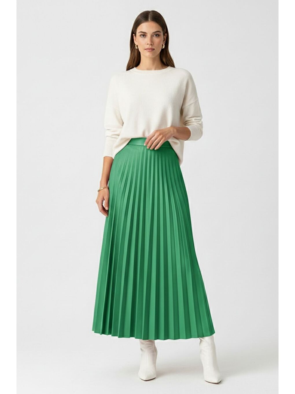 Deri Görünümlü Piliseli Yeşil Maksi Etek-1