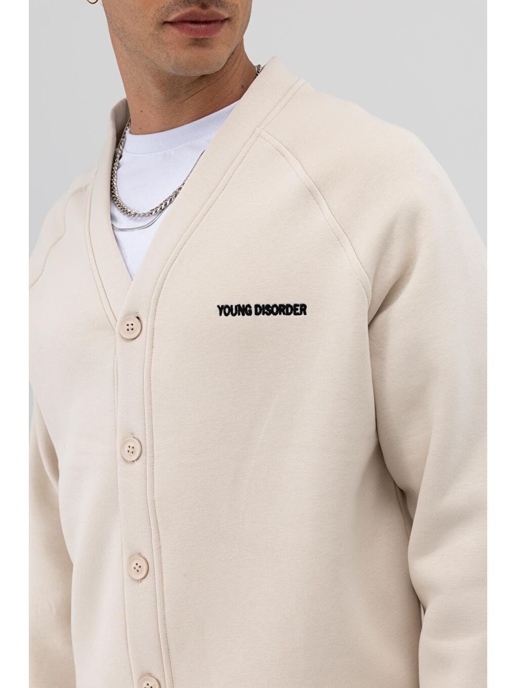 Bej Oversize Düğmeli Sweatshirt Taş-4