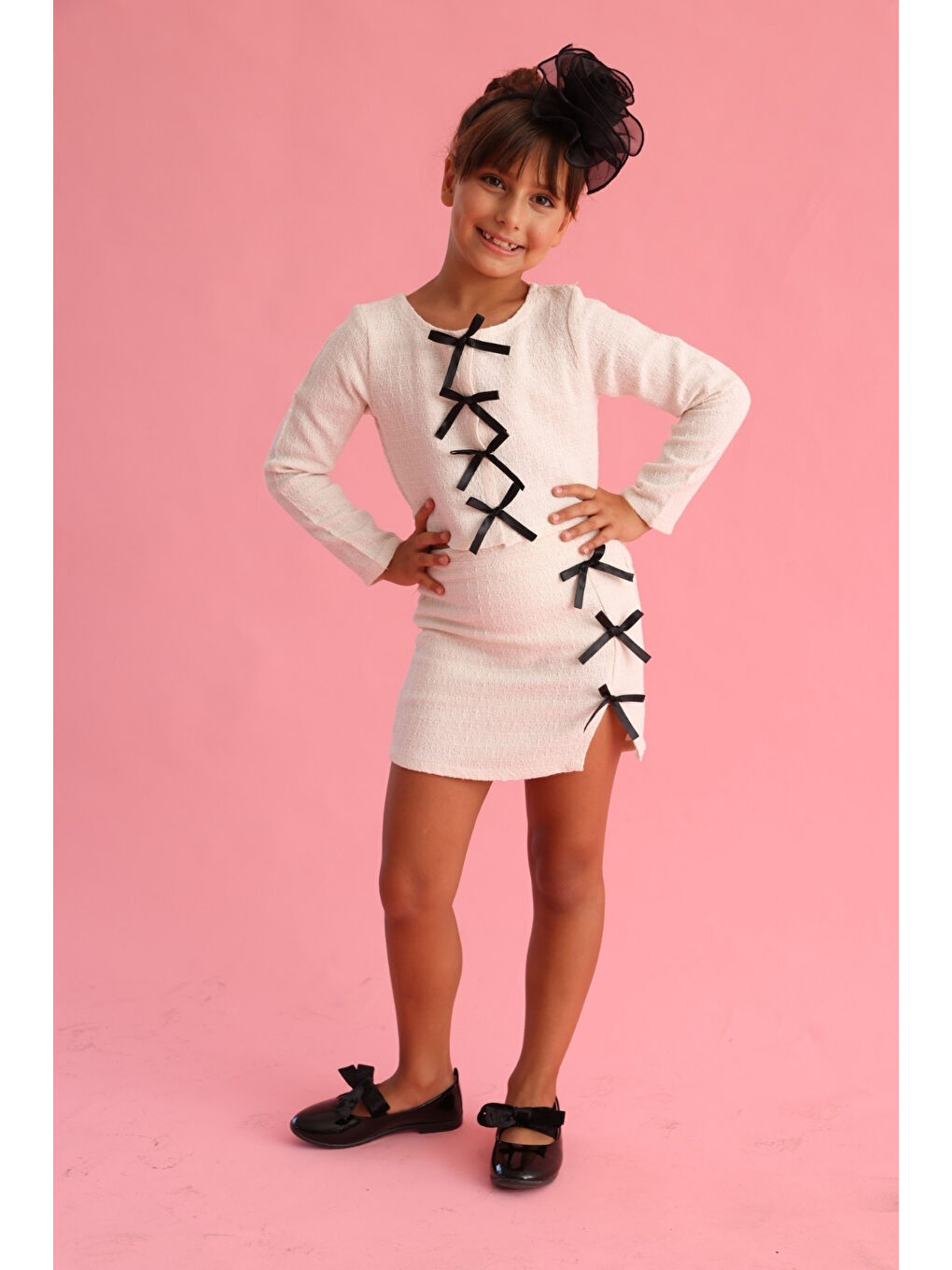 Ekru Krem  Fiyonk Detaylı Kız Çocuk Etek Ceket Takım - Silvana