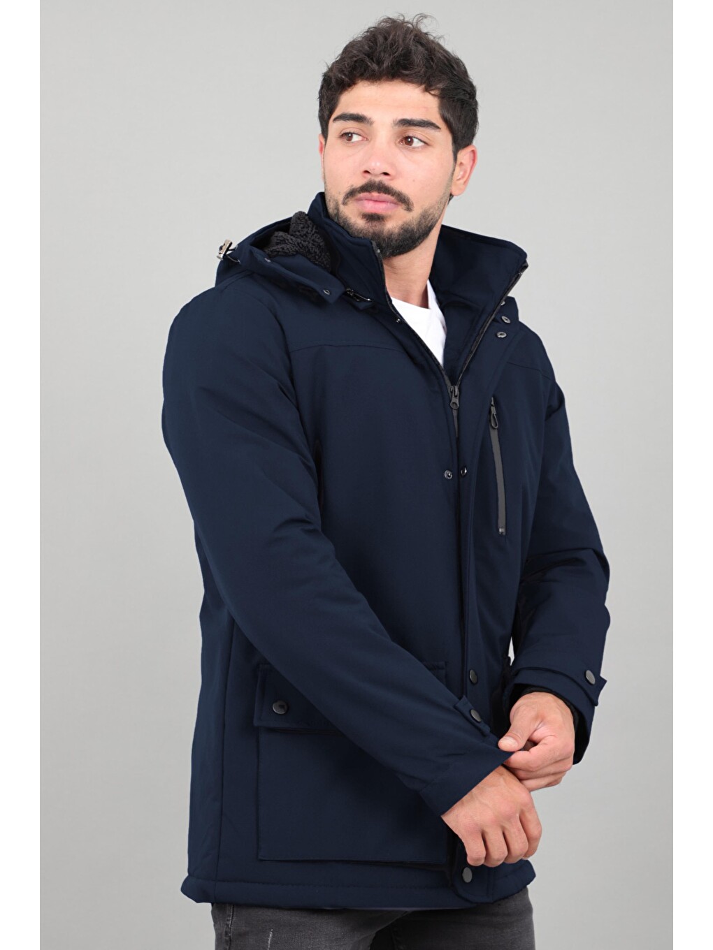 Lacivert Box Kumaş Torba Cep İçi Kürklü Kışlık Mont Kaban Pldp 3037_50526-4