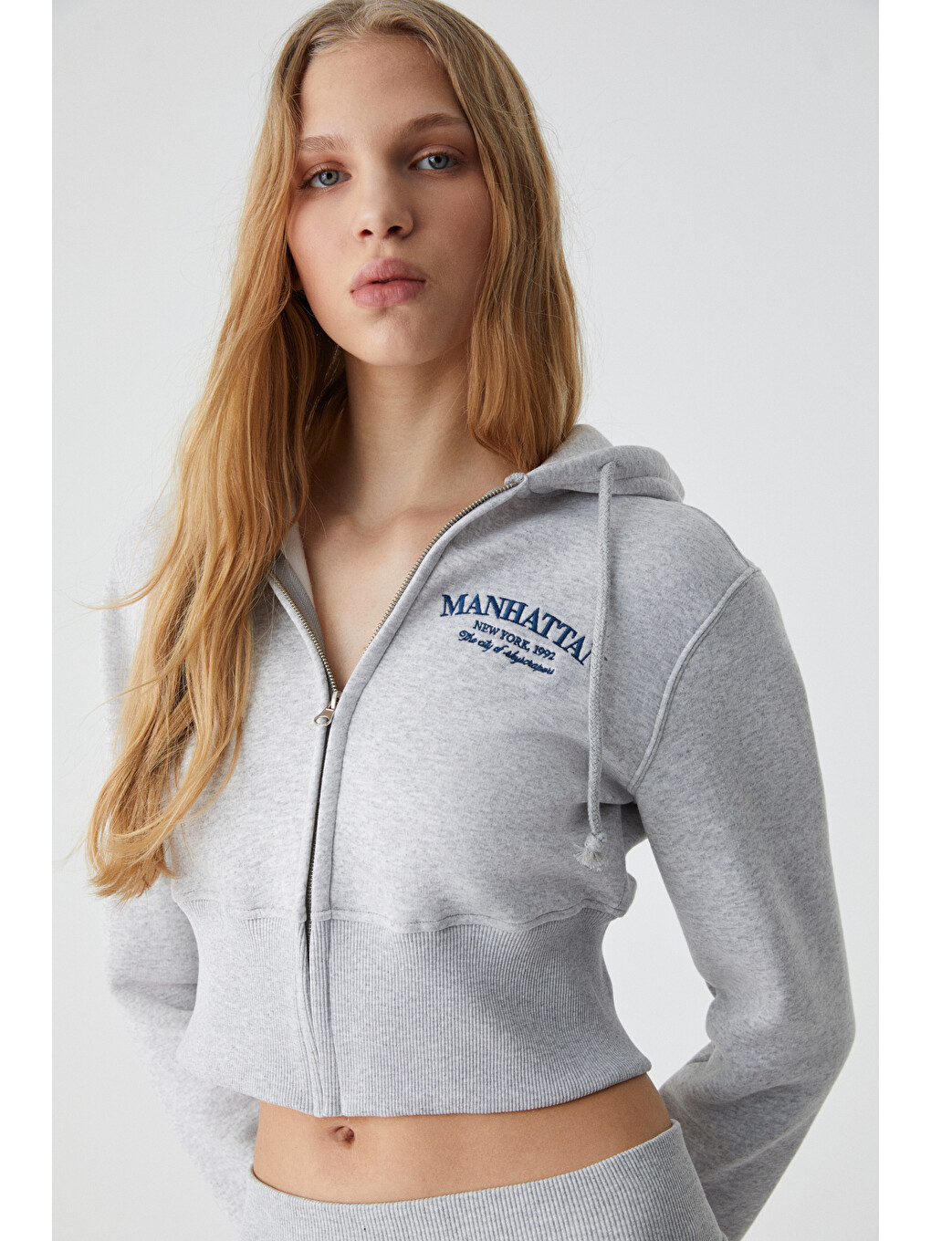Iressıne Kadın Kapüşonlu Fermuarlı Uzun Kollu Regular Gri Melanj Sweatshirt-2