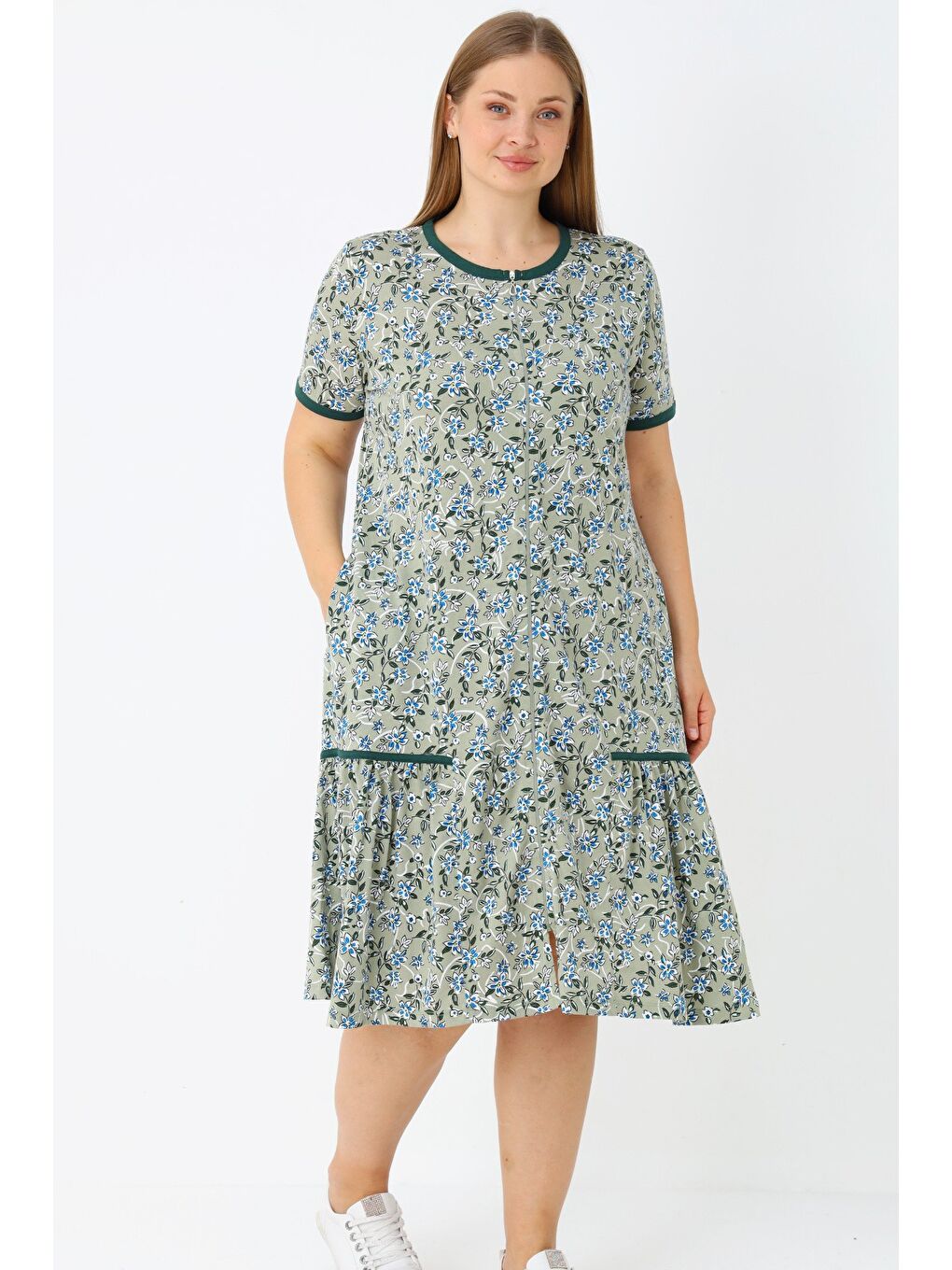 Turkuaz Kadın Büyük Beden Pamuklu Boydan Fermuarlı Cepli Biyeli Kısa Kollu Elbise-1