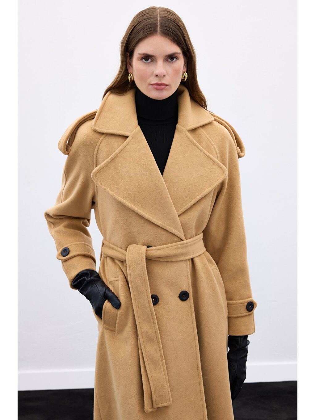 Kahverengi Geniş Yaka Uzun Kaban - Camel-5