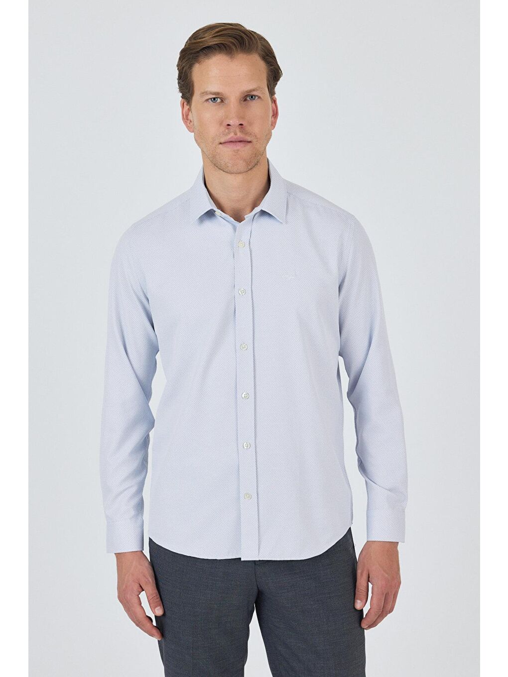 Lacivert Uzun Kol Desenli Armürlü Sert Yaka Cepsiz Pamuklu Classic Slim Fit Gömlek 1004250184